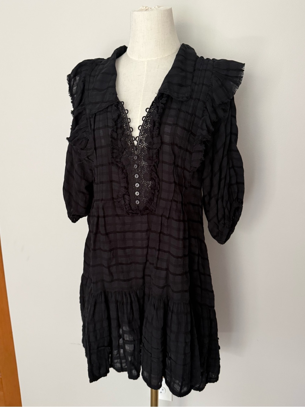 NWT Free People Black Ruffle Lace-Trim Dress Gauzy Cotton size Small $148 MSRP
